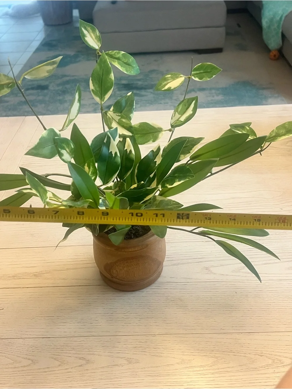 Green Lifelike Variegated Faux Plant in Wooden Pot